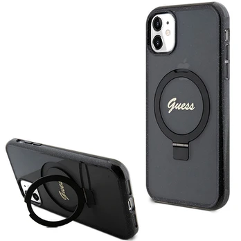 Dėklas Guess GUHMN61HRSGSK iPhone 11 | Xr 6.1" juoda|juodas hardcase Ring Stand Script Glitter MagSafe