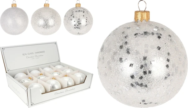 Kalėdinis eglės žaisliukas GLITTER WHITE, 8 cm, 3 rūšys, 1 vnt.