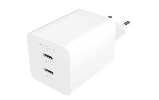 mophie Essentials Power Adapteris Dual USB-C PD 50W EU Baltas