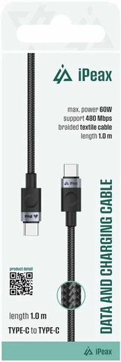 iPEAX TEXTILNÍ KABELIS USB-C / USB-C 1M, USB 2.0 ČERNÝ