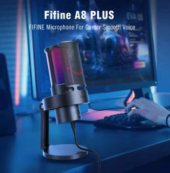 Studijinis kondensatorinis mikrofonas Fifine A8 PLUS RGB Plug&Play žaidimams