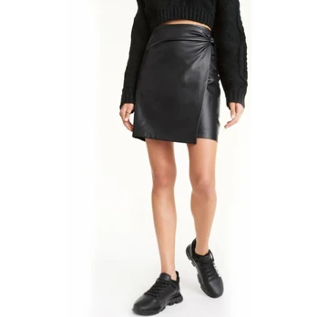 Mini sijonas moterims, Juoda, Pu wrap frnt mini skirt