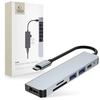 Tech-Protect V4 6-in-1 USB-C šotuvas (HDMI, USB-A, SD/TF), pilkas