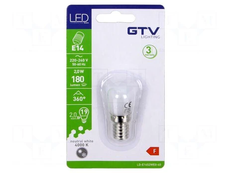 LED lamp | neutral white | E14 | 230VAC | 180lm | 2W | 360° | 4000K