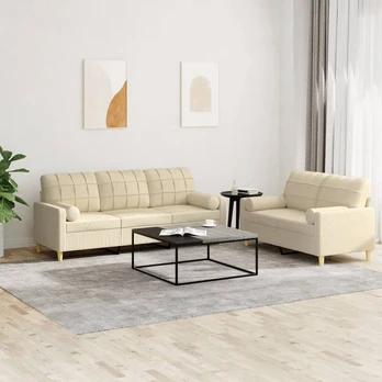 Sofa Sofos komplektas su pagalvėmis, 2 dalių, kreminis, audinys