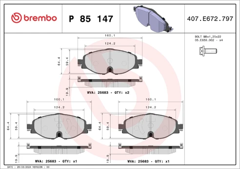 Stabdžių trinkelių rinkinys, diskinis stabdys BREMBO P85147