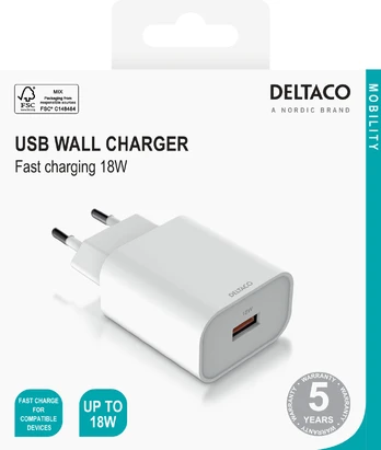 Įkroviklis DELTACO 18 W, 1x USB-A, baltas / USB-AC182