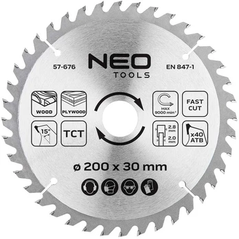 Neo Tools Diskinio pjūklo diskas, Widia, 200 x 30 mm, 40 dantų