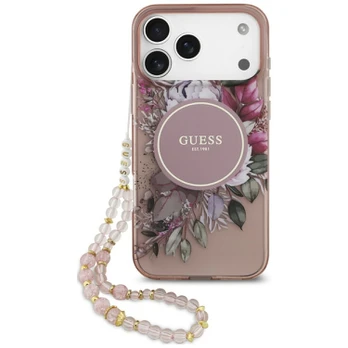 Case Guess IML Flowers Pearl Strap MagSafe for iPhone 18 Pro Max / 17 Pro Max pink