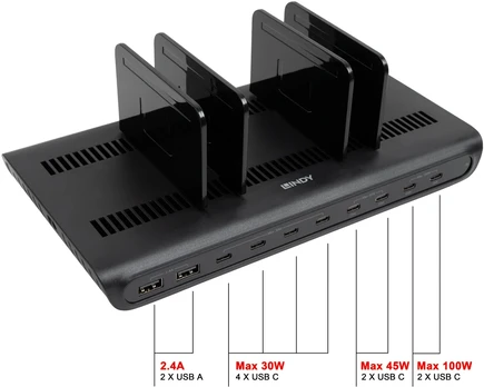 USB įkrovimo stotelė - Lindy 240 W 10 prievadų