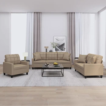 Sofa Sofos komplektas su pagalvėmis, 3 dalių, kapučino, dirbtinė oda