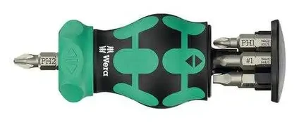 Wera Kraftform Kompakt Stubby Magazine RA 4, bit set black/green, 6-piece, 1/4", with ratchet function