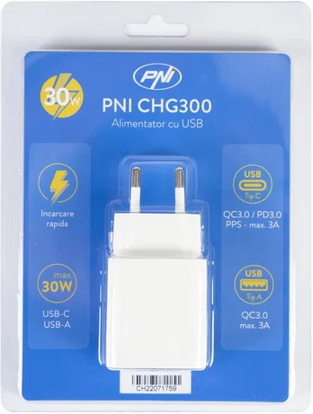 PNI CHG300 maitinimo adapteris su USB C prievadu, QC3.0, PD3.0, PPS ir USB-A prievadu, 30W