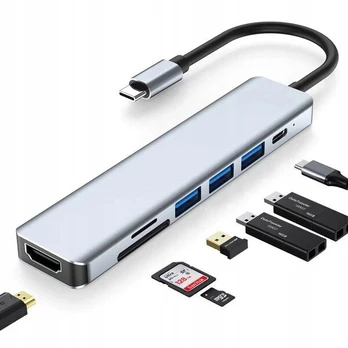 USB Type-C adapteris, skirstytuvas 8in1 (3x USB 3.0, HDMI, Type-C, SD)
