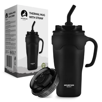 Terminis puodelis su šiaudeliu, 650 ml, juodas