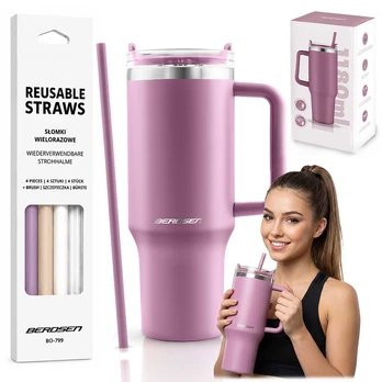 Berdsen rožinis vakuuminis termosas-puodelis su šiaudelių rinkiniu 1180 ml