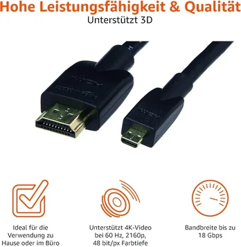 Micro Hdmi į Hdmi kabelis, 1.8m, 4k@60hz, 18gbps