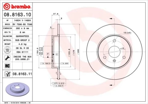 Stabdžių diskas BREMBO 08.8163.11
