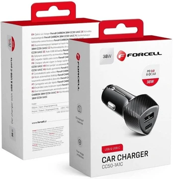 Įkroviklis Forcell CC50-1A1C, USB/Cigarette Lighter Socket/USB-C, juoda, 38 W