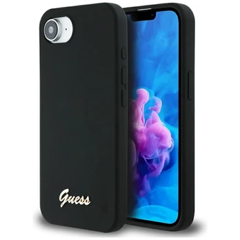 Dėklas Guess Silicone Script Metal Logo MagSafe do iPhone 16e juoda