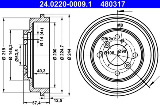 ATE 24.0220-0009.1 Brake drum