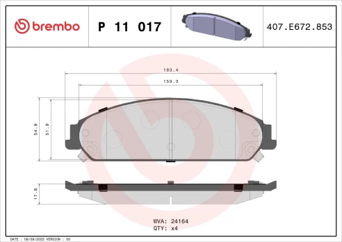 Stabdžių trinkelių rinkinys, diskinis stabdys BREMBO P11017
