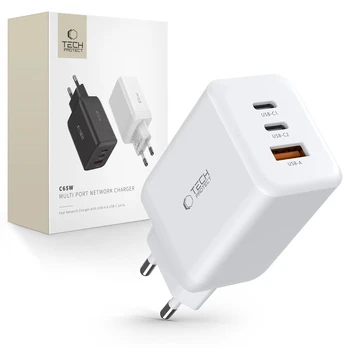 Tech-Protect C65W network Įkroviklis 2x USB-C PD 65W / USB-A QC 3.0 - baltas