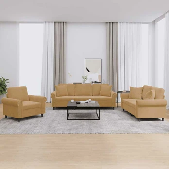 Sofa Sofos komplektas su pagalvėmis, 3 dalių, rudas, aksomas