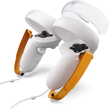 Syntech Controller Grips Compatible with Meta/Oculus Quest2 Accessories, Silicone Grip Cover with Halo Controller Protector Ring and Adjustable Wrist Straps (White-Orange)