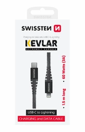 Kabelis Swissten Kevlar Data USB Type-C, Lightning, 1.5 m, juoda kaina