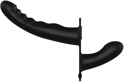 Ouch By Shots Vibrating and Rechargeable - 10 Speed Silicone Ribbed Strap-On - Adjustable - Juodas