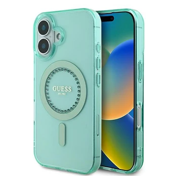 Guess Guess IML Rhinestones MagSafe iPhone 16 Plus dėklas – žalias