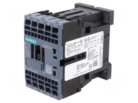 Contactor: 3-pole | NO x3 | Auxiliary contacts: NC | 24VDC | 17A | 3RT20