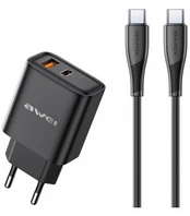 Juodas 22.5W 1xUSB-A + 1xUSB-C pakrovėjas + 100cm USB-C - USB-C laidas "Awei PD81C-EU"