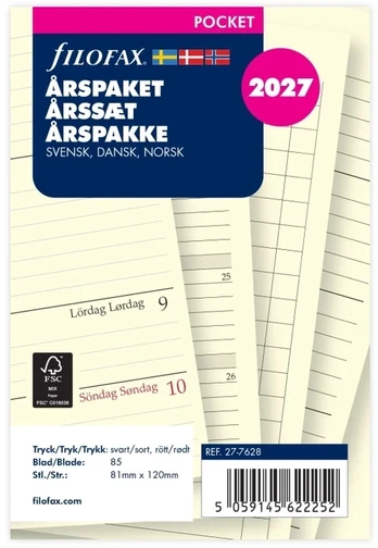 Filofax Metų kalendorius Pocket 2027 Savaitė per puslapį švedų/danų/norvegų