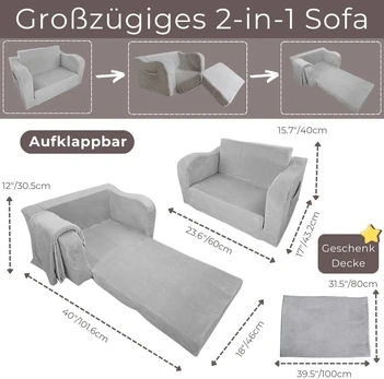 Fotelis Vaikiška sulankstoma sofa-lova su pledo, pilkai