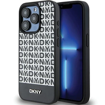 Dėklas DKNY PU Leather Repeat Pattern Bottom Stripe MagSafe Case for iPhone 15 Pro Juodas