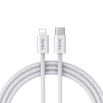 Benks Cable D46 braided – Type C to Lightning – PD 27W 3A 2 metres baltas