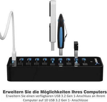 Sabrent 10 prievadų Usb 3.0 šakotuvas su maitinimo adapteriu