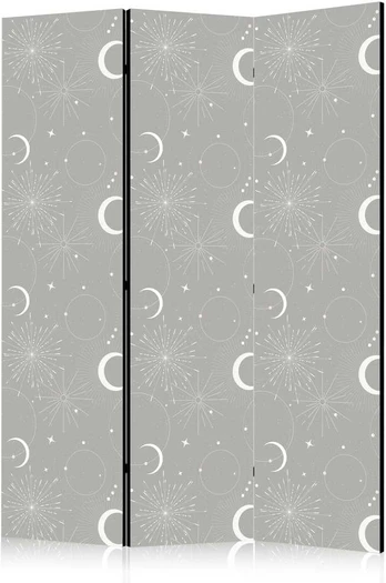 Artgeist Pertvara - Cosmic Fireworks - Elegant Pattern with Moons and Stars on a Gray Background