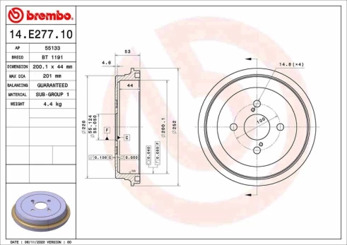 Stabdžių būgnas BREMBO 14.E277.10