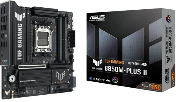 Intel procesoriaus pagrindinė plokštė Asus TUF GAMING B850M-PLUS II | Processor family AMD | Processor socket AM5 | DDR5 | Supported hard disk drive interfaces SATA, M.2 | Number of SATA connectors 4