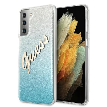 Originalus Guess dėklas GUHCS21MPCUGLSBL S21+ G996 mėlynas Glitter Gradient Script