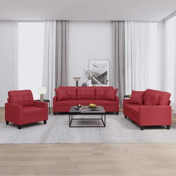 Sofa Sofos komplektas su pagalvėmis, 3 dalių, vyno, dirbtinė oda