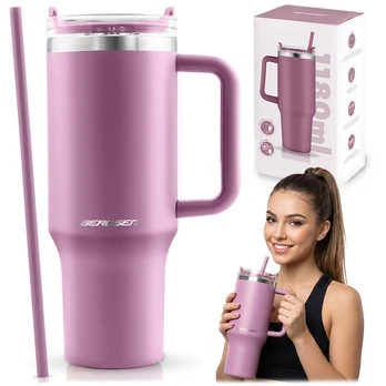 Berdsen rožinis vakuuminis termosas-puodelis su šiaudeliu 1180 ml