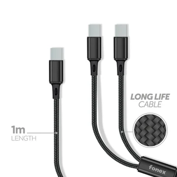 Fonex 2in1 Type-C – Type-C / Type-C kabelis, 1m, 20W