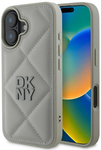 Dėklas DKNY PU Leather Quilted Stack Logo Case for iPhone 16 Plus Pilkas