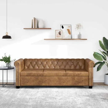 Chesterfield trivietė sofa, dirbtinė oda, ruda
