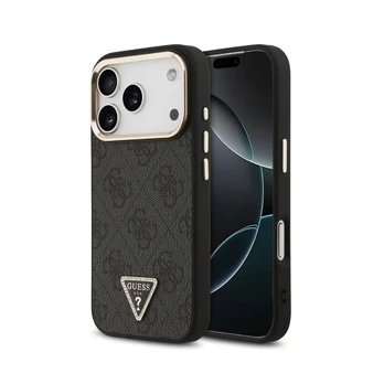 Dėklas Guess PU Leather 4G Strass Triangle Logo Gold Frame MagSafe Apple iPhone 18 Pro juodas