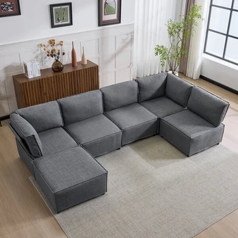 Modulinis kampinis sofa, medinis karkasas, tamsiai pilkas linas, 1 vnt
